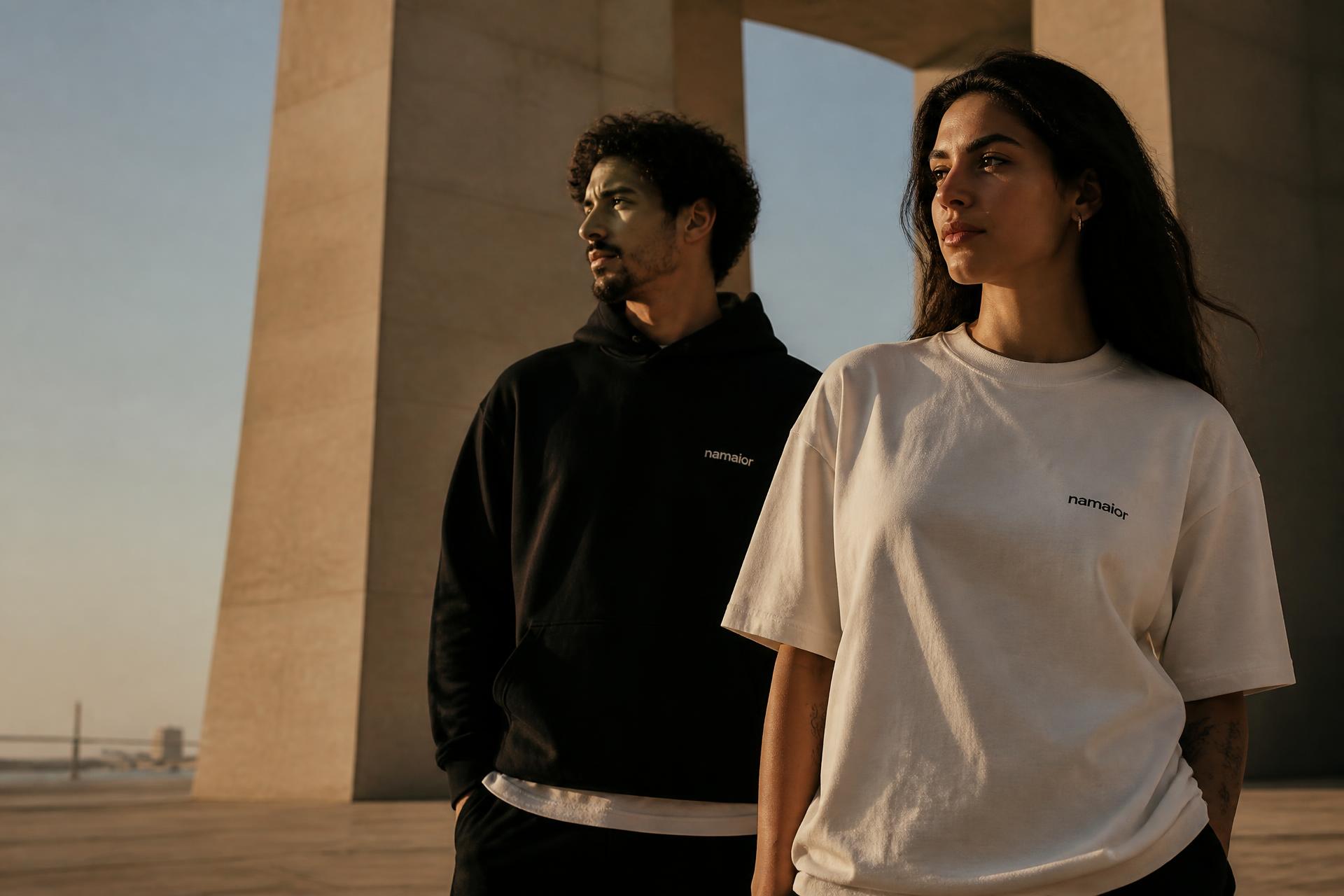 Editorial namaior em Lisboa: modelos com t-shirt e hoodie premium